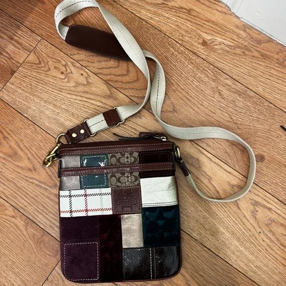 Coach Holiday Limited Edition Patchwork Crossbody Blue, Red, Green, Gold - Picture 2 of 13